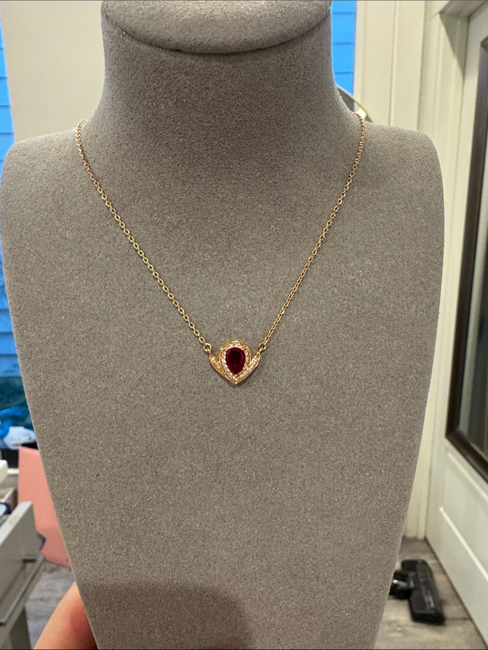 Cultivated Ruby Teardrop Halo Necklace Champagne Gold Tone